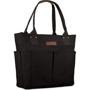 Nicav Women's Black Canvas Large Utility Pockets Zip Top Sustainable Tote Bags